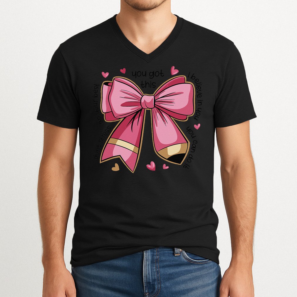 Pencil Coquette Bow Test Day Teacher Motivational Testing V-Neck T-Shirt