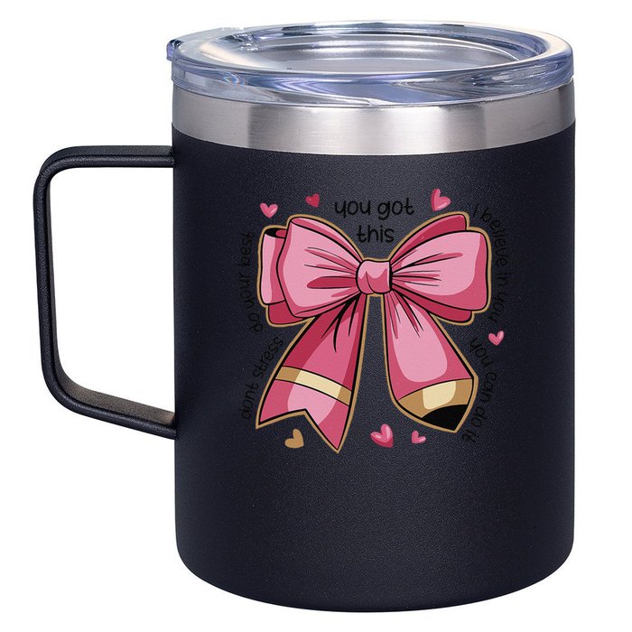 Pencil Coquette Bow Test Day Teacher Motivational Testing 12oz Stainless Steel Coffee Mug