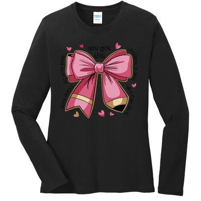 Pencil Coquette Bow Test Day Teacher Motivational Testing Ladies Long Sleeve Shirt