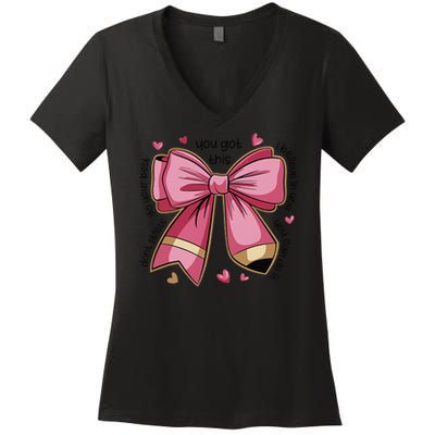 Pencil Coquette Bow Test Day Teacher Motivational Testing Women's V-Neck T-Shirt