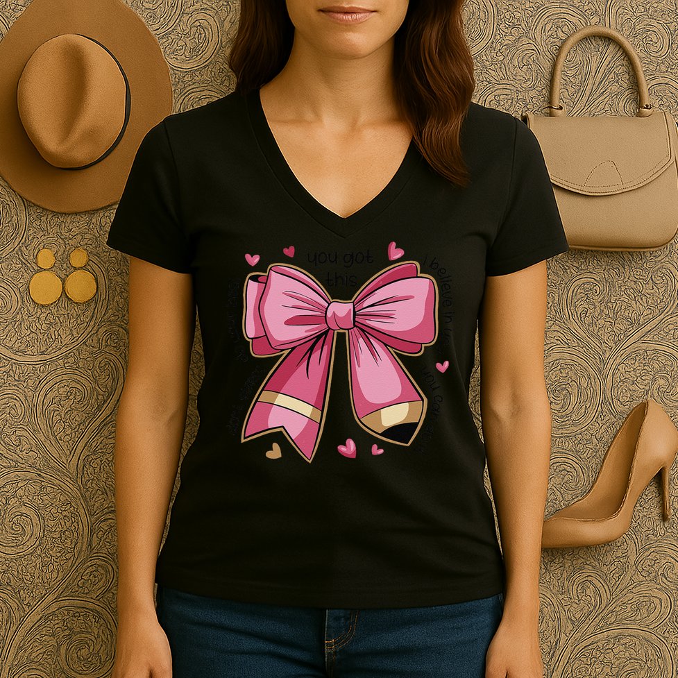 Pencil Coquette Bow Test Day Teacher Motivational Testing Women's V-Neck T-Shirt