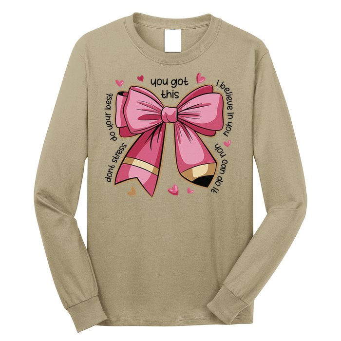 Pencil Coquette Bow Test Day Teacher Motivational Testing Long Sleeve Shirt
