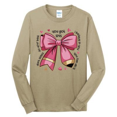 Pencil Coquette Bow Test Day Teacher Motivational Testing Tall Long Sleeve T-Shirt