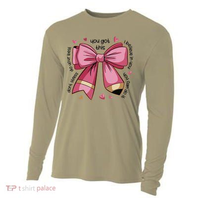 Pencil Coquette Bow Test Day Teacher Motivational Testing Cooling Performance Long Sleeve Crew