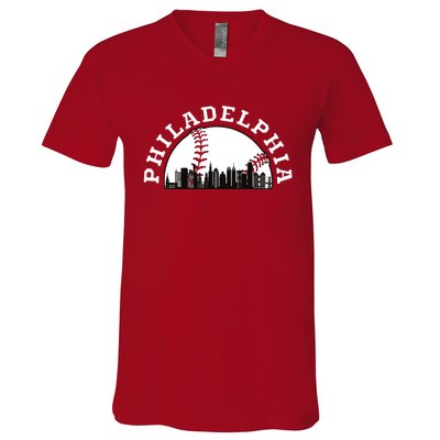 Philly Cityscape Baseball Philadelphia Skyline Vintage V-Neck T-Shirt