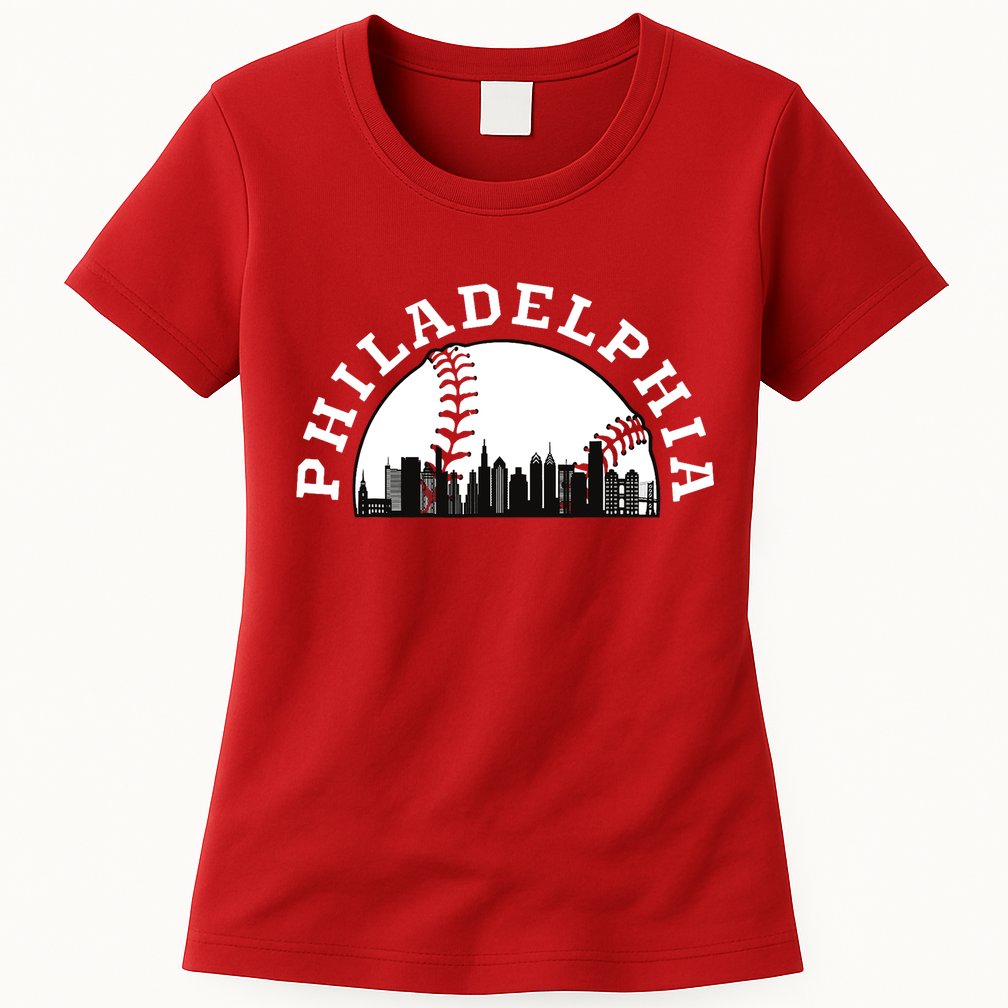 Philly Cityscape Baseball Philadelphia Skyline Vintage Womens T-Shirt