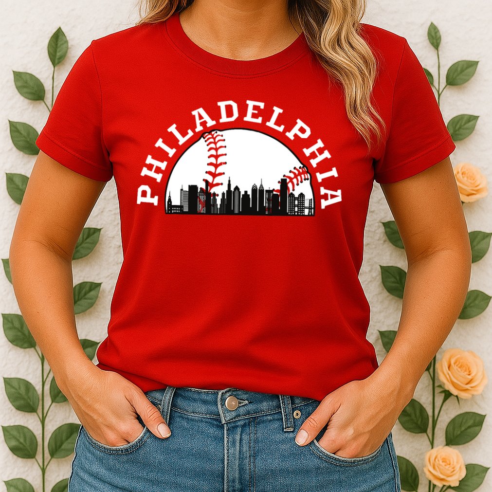 Philly Cityscape Baseball Philadelphia Skyline Vintage Womens T-Shirt
