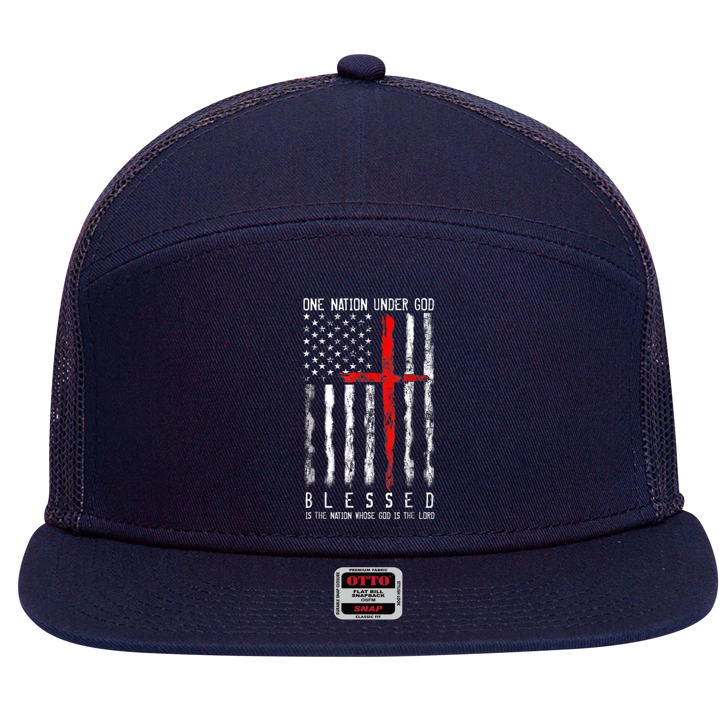 Patriotic Christian Blessed One Nation Under God 4th Of July 7 Panel Mesh Trucker Snapback Hat