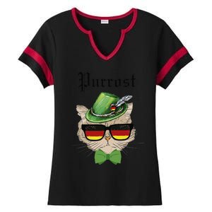 Purrost Cat Bavarian Alpine Hat Funny German Oktoberfest Ladies Halftime Notch Neck Tee