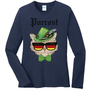 Purrost Cat Bavarian Alpine Hat Funny German Oktoberfest Ladies Long Sleeve Shirt