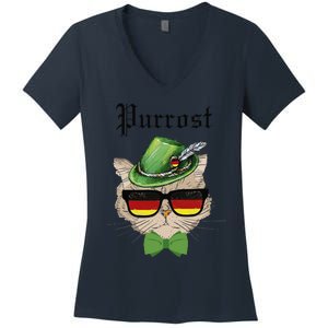 Purrost Cat Bavarian Alpine Hat Funny German Oktoberfest Women's V-Neck T-Shirt