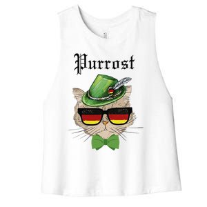 Purrost Cat Bavarian Alpine Hat Funny German Oktoberfest Women's Racerback Cropped Tank