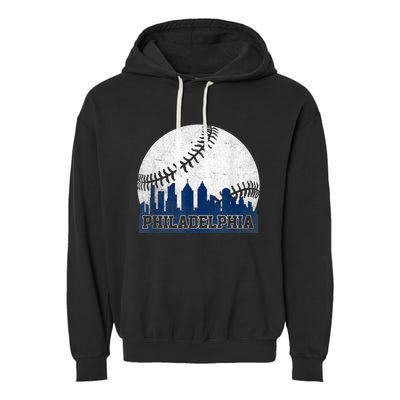 Philly Cityscape Baseball Philadelphia Skyline Retro Vintage Garment-Dyed Fleece Hoodie