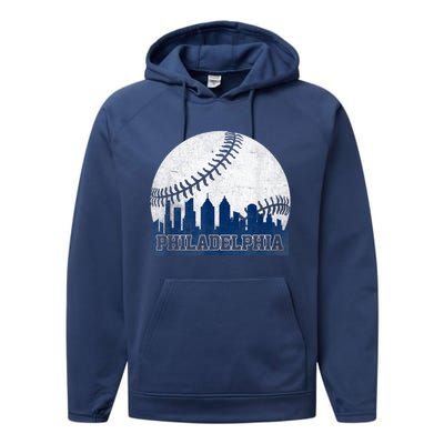 Philly Cityscape Baseball Philadelphia Skyline Retro Vintage Performance Fleece Hoodie