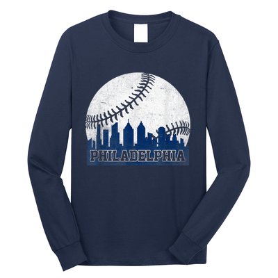 Philly Cityscape Baseball Philadelphia Skyline Retro Vintage Long Sleeve Shirt