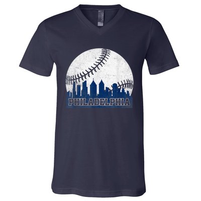 Philly Cityscape Baseball Philadelphia Skyline Retro Vintage V-Neck T-Shirt