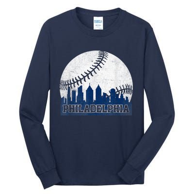 Philly Cityscape Baseball Philadelphia Skyline Retro Vintage Tall Long Sleeve T-Shirt