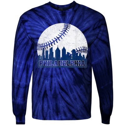 Philly Cityscape Baseball Philadelphia Skyline Retro Vintage Tie-Dye Long Sleeve Shirt