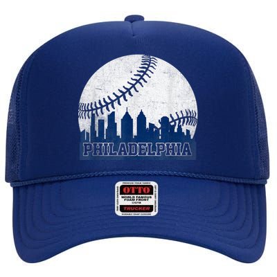 Philly Cityscape Baseball Philadelphia Skyline Retro Vintage High Crown Mesh Back Trucker Hat