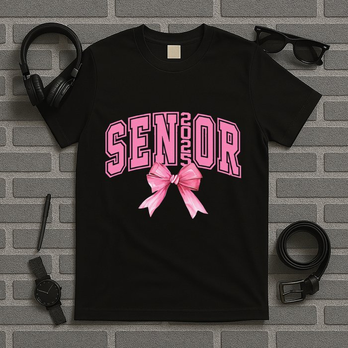 Pinkk Coquette Bow Senior 2025 Class Of 2025 Grad For Girl Gift T-Shirt
