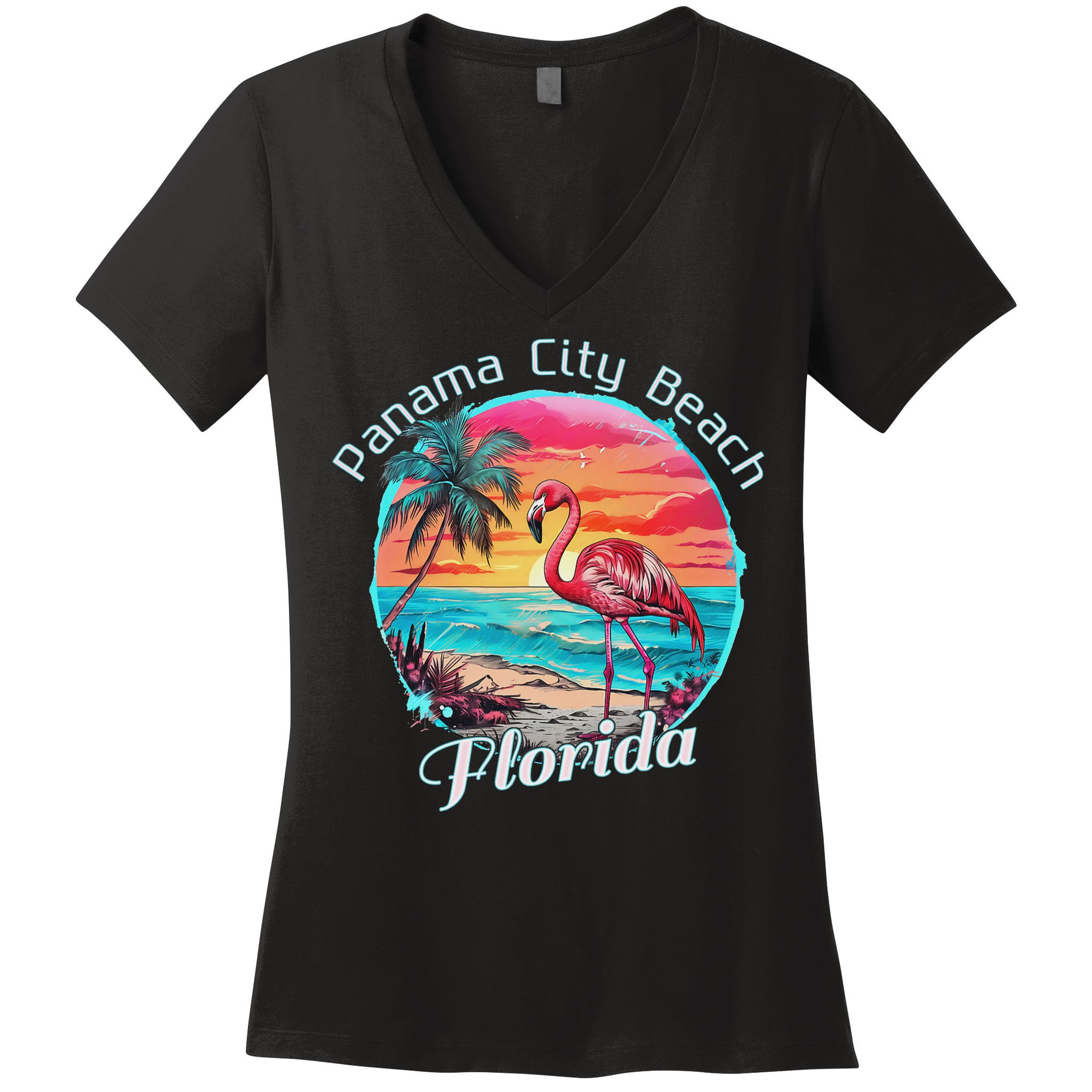 Panama City Beach Florida Beach Flamingo Tropical Souvenir Women's V-Neck T-Shirt