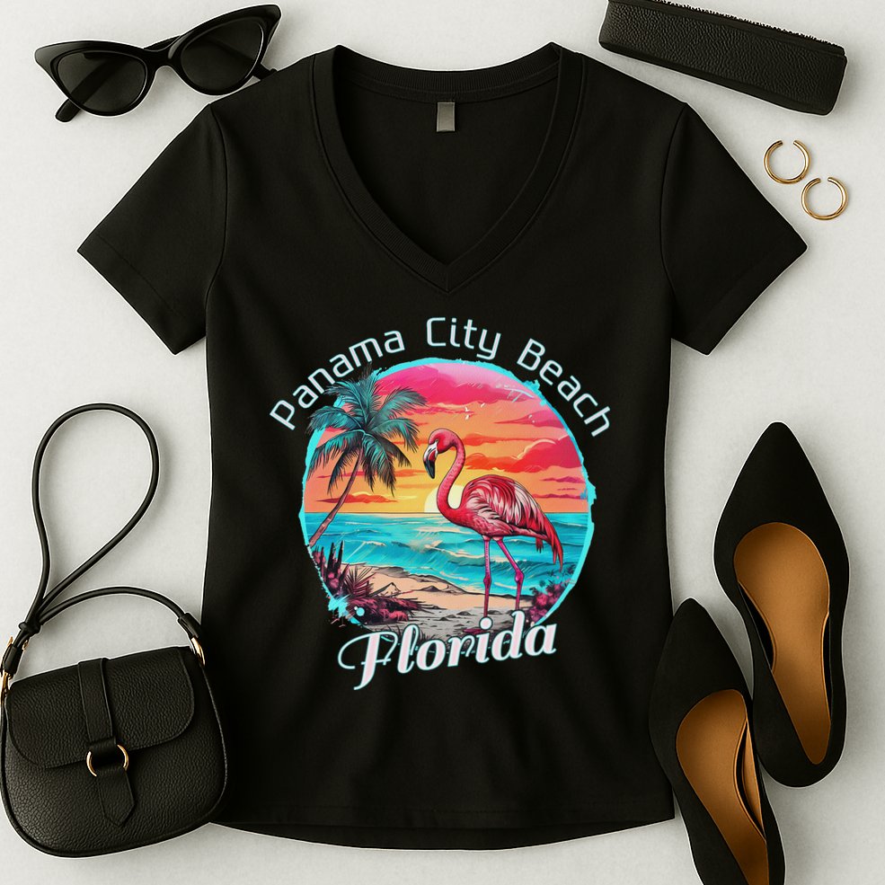 Panama City Beach Florida Beach Flamingo Tropical Souvenir Women's V-Neck T-Shirt