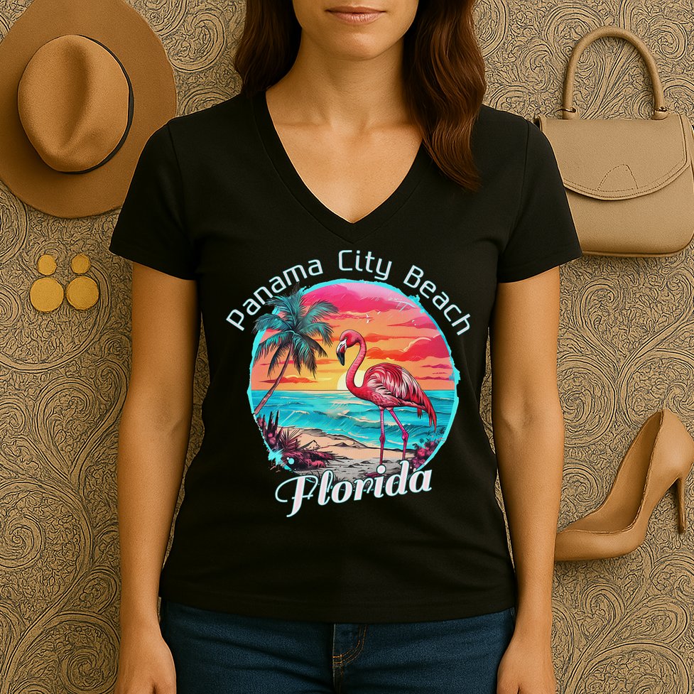 Panama City Beach Florida Beach Flamingo Tropical Souvenir Women's V-Neck T-Shirt