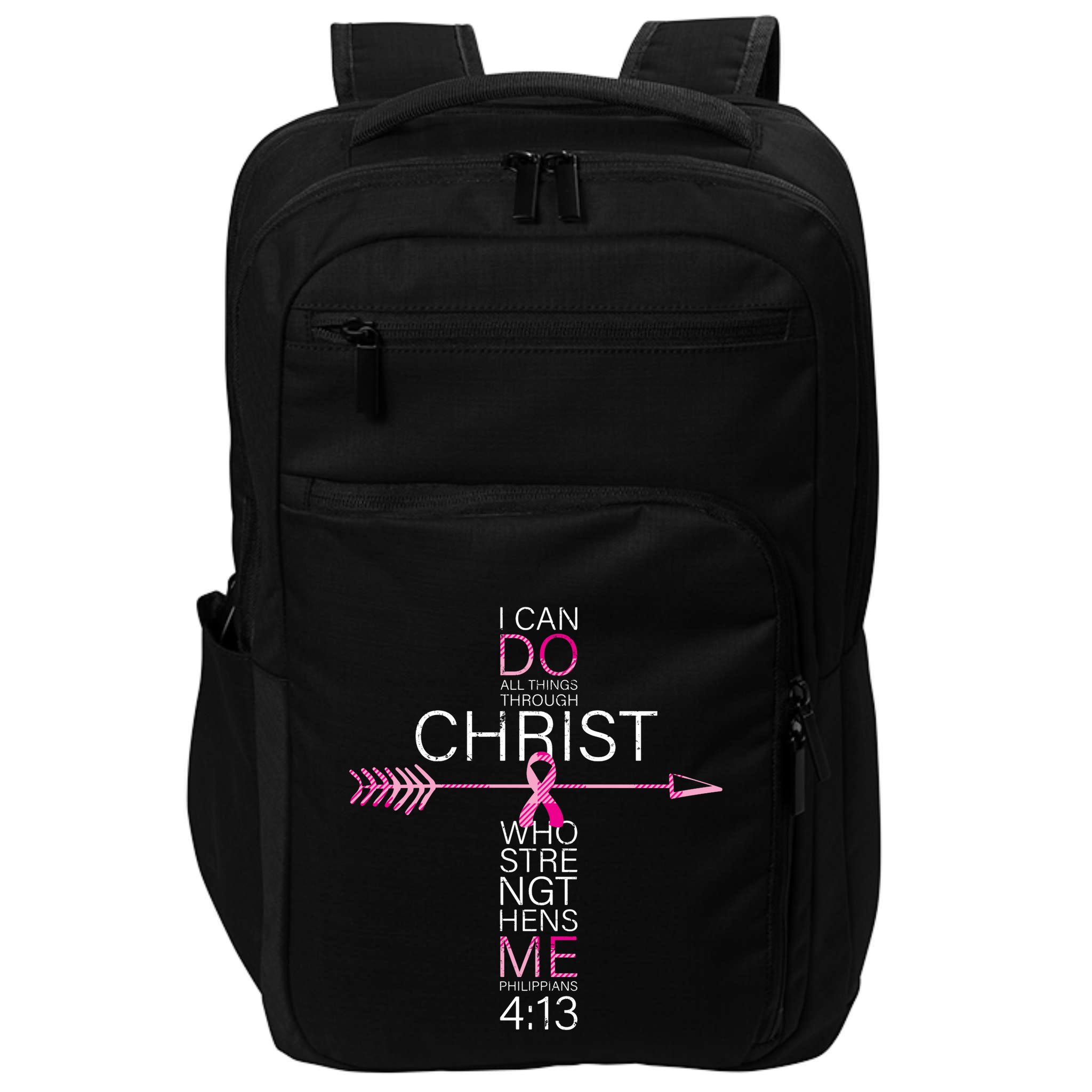Pink Christian Breast Cancer Cross Religious Bible Verse Impact Tech Backpack
