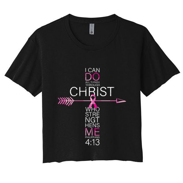 Pink Christian Breast Cancer Cross Religious Bible Verse Crop Top