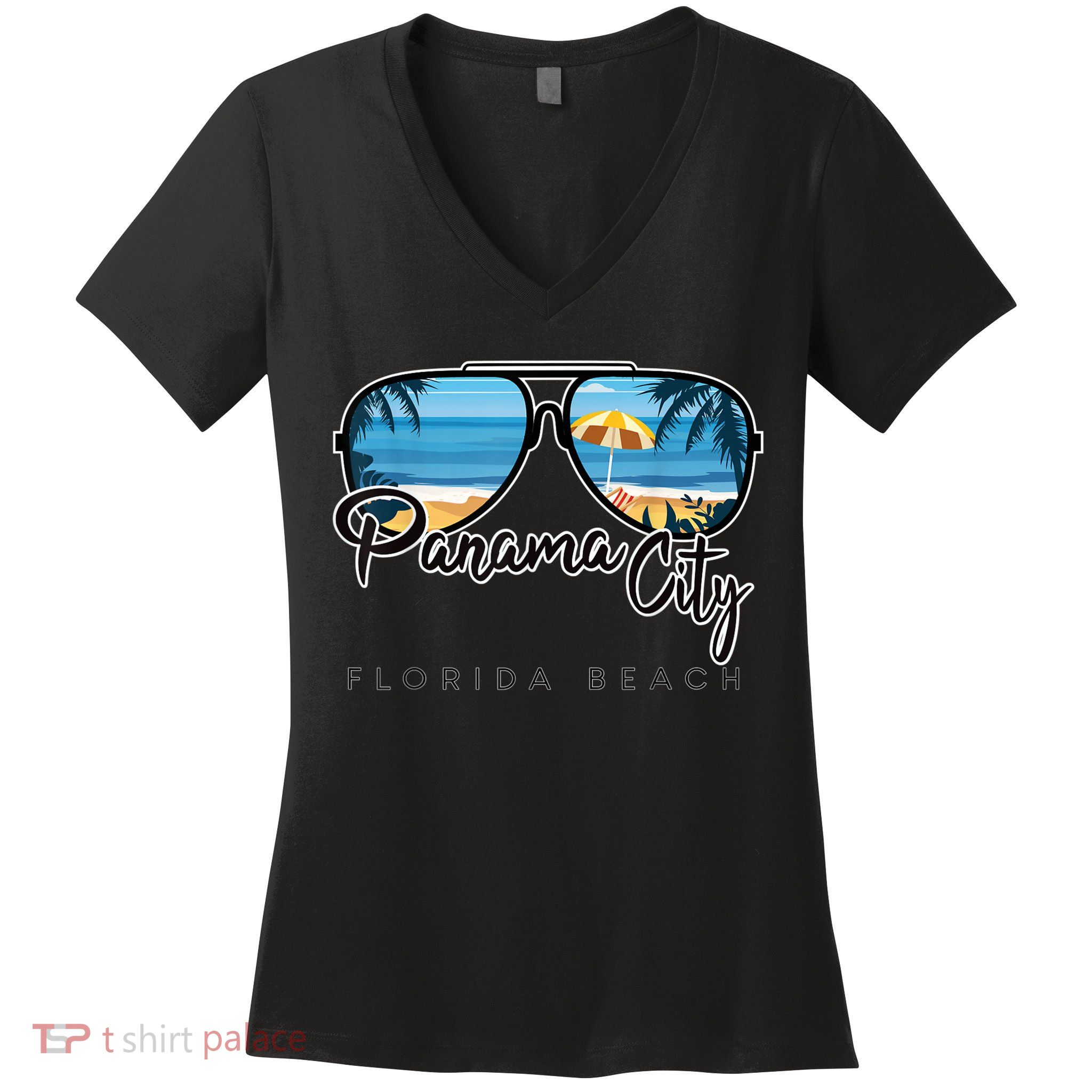 Panama City Beach Florida Palm Tree Sunglasses Souvenir Women's V-Neck T-Shirt