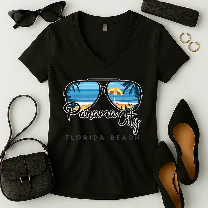 Panama City Beach Florida Palm Tree Sunglasses Souvenir Women's V-Neck T-Shirt