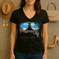 Panama City Beach Florida Palm Tree Sunglasses Souvenir Women's V-Neck T-Shirt