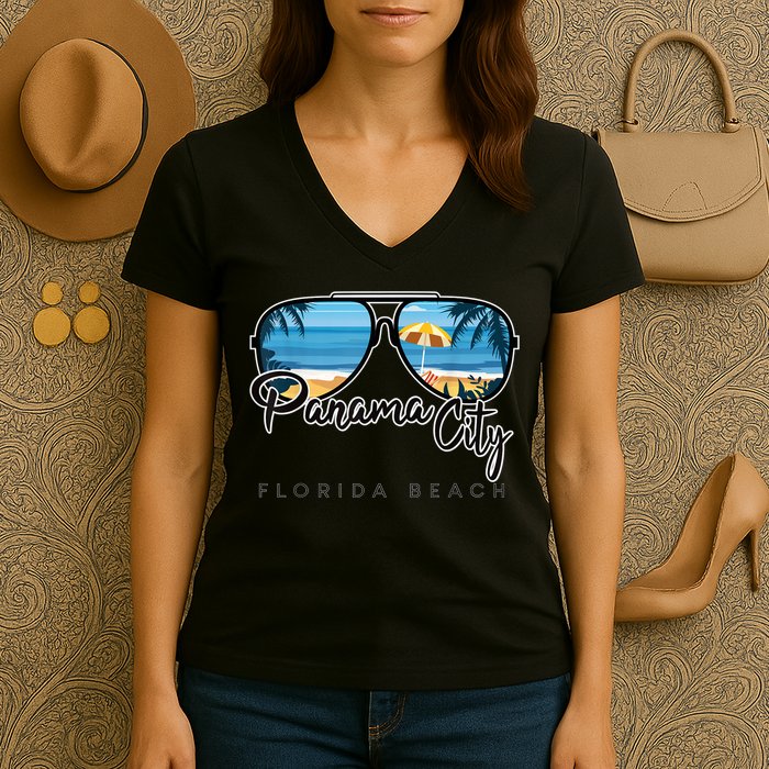 Panama City Beach Florida Palm Tree Sunglasses Souvenir Women's V-Neck T-Shirt
