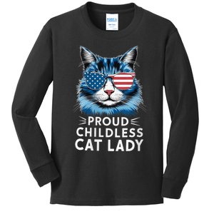 Proud Childless Cat Lady Usa Flag President 2024 Election Kamalaharris Kids Long Sleeve Shirt