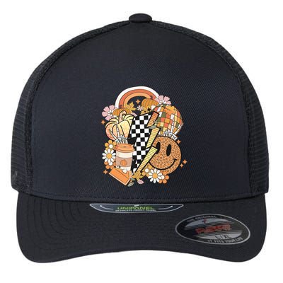 Pumpkin Coffee Cups Skeleton Groovy 70S Flowers Fall Autumn Gift Flexfit Unipanel Trucker Cap