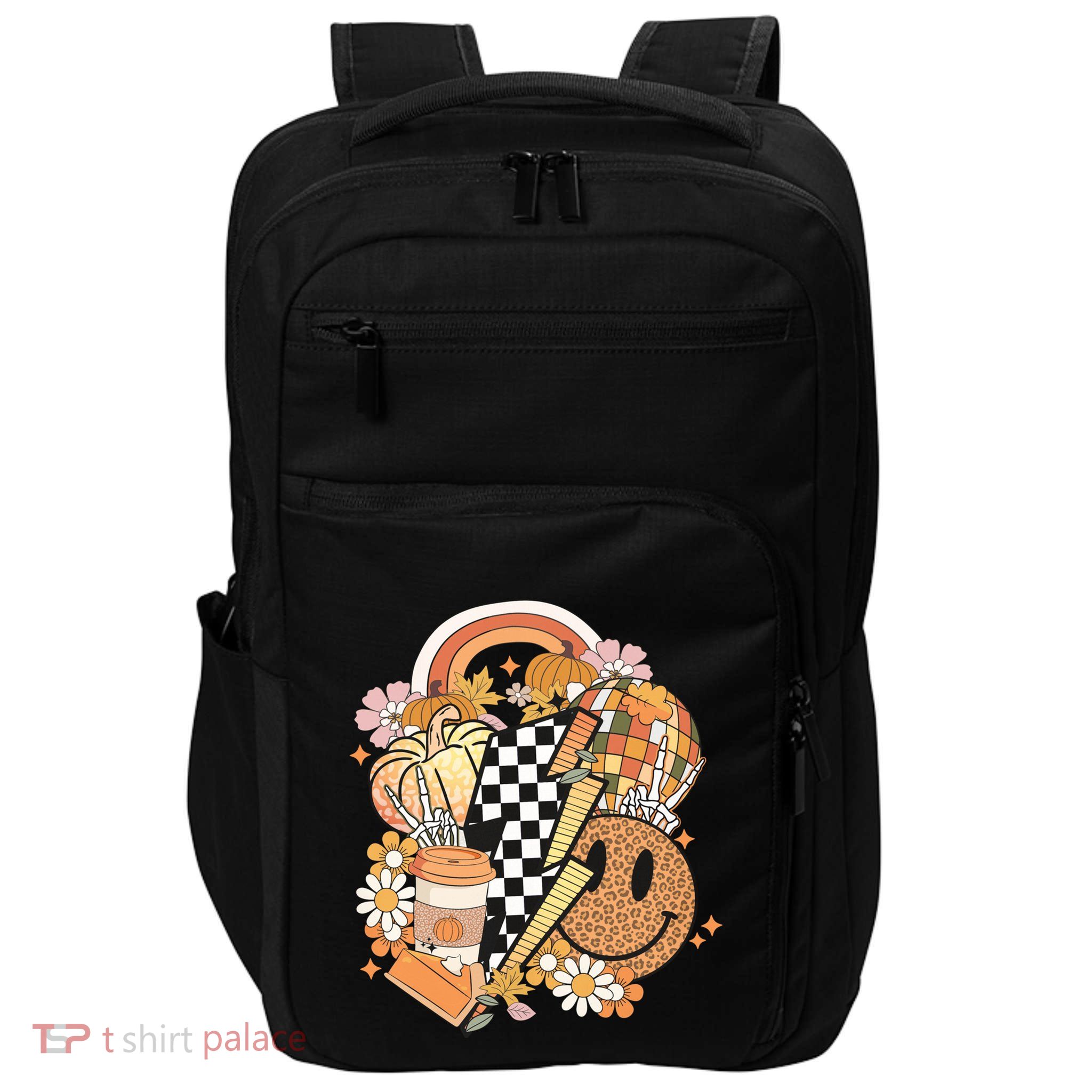 Pumpkin Coffee Cups Skeleton Groovy 70S Flowers Fall Autumn Gift Impact Tech Backpack