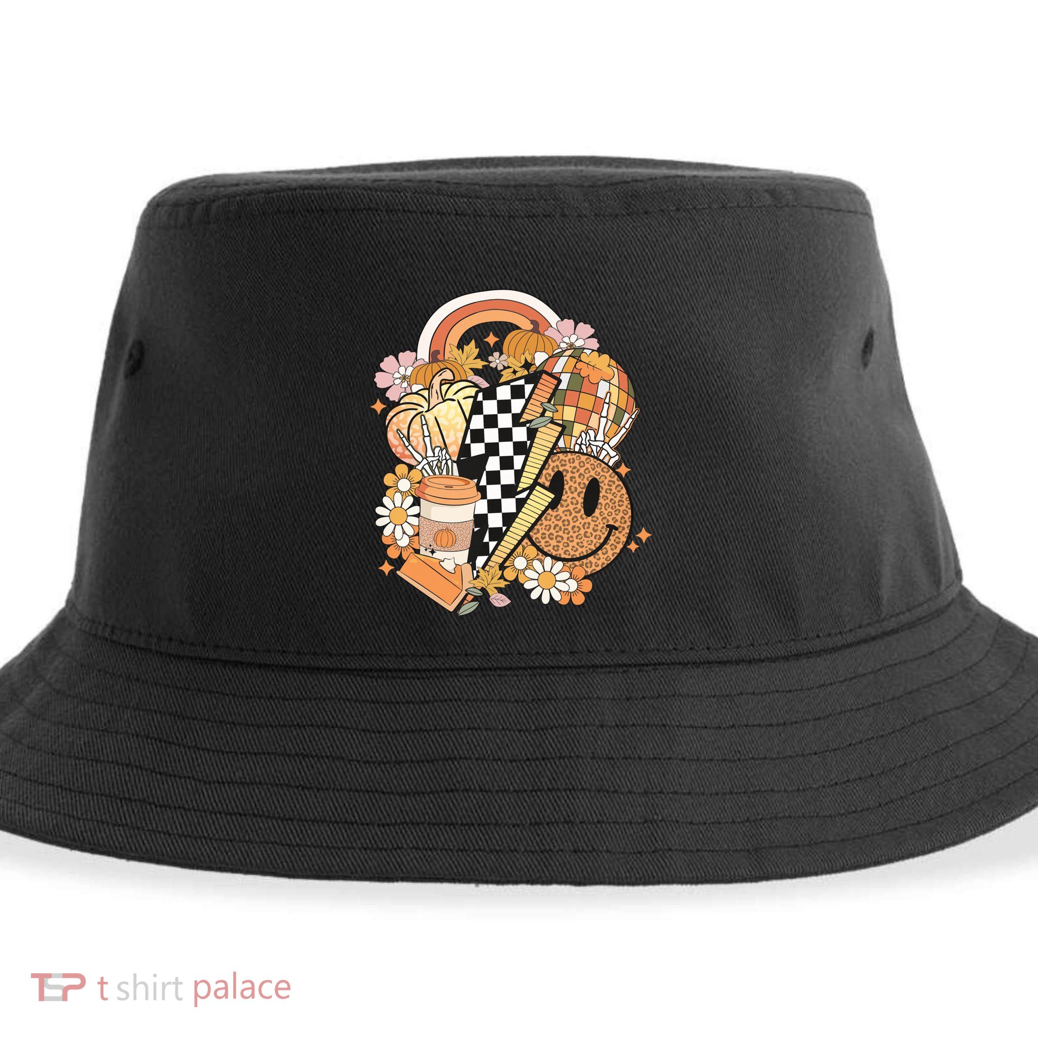Pumpkin Coffee Cups Skeleton Groovy 70S Flowers Fall Autumn Gift Sustainable Bucket Hat