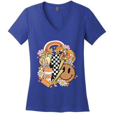 Pumpkin Coffee Cups Skeleton Groovy 70S Flowers Fall Autumn Gift Women's V-Neck T-Shirt