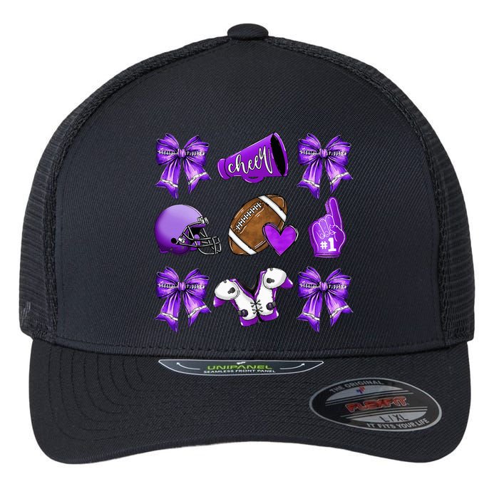 Purple Cheer Coquette Football Mom Flexfit Unipanel Trucker Cap