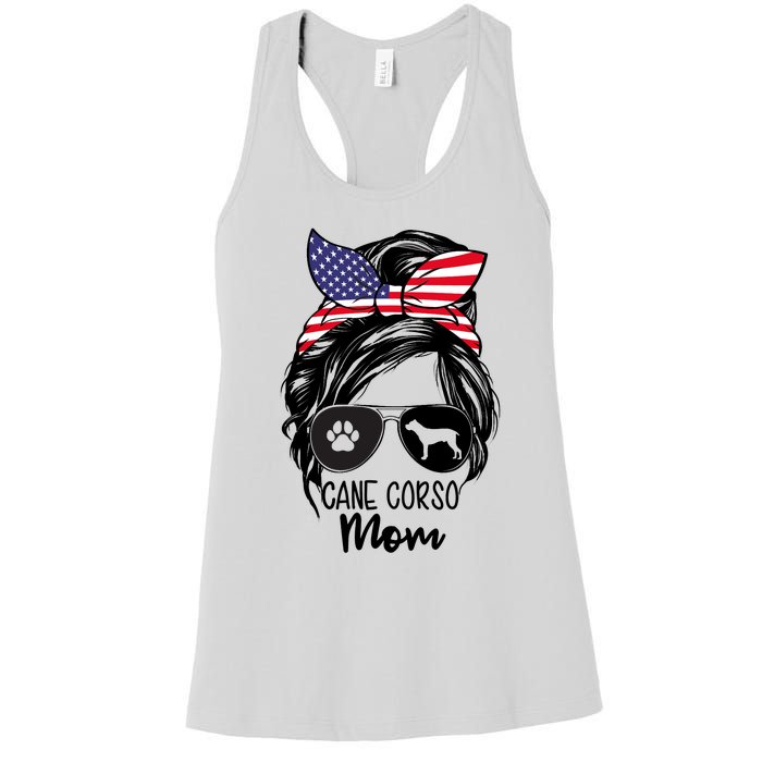 Proud Cane Corso Mom Messy Bun 4th of July Cane Corso Mom Women's Racerback Tank