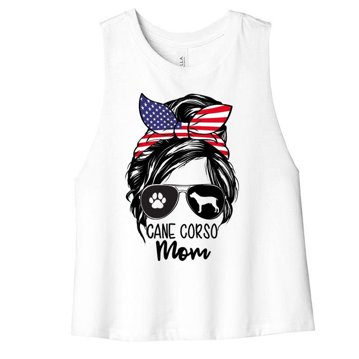 Proud Cane Corso Mom Messy Bun 4th of July Cane Corso Mom Women's Racerback Cropped Tank