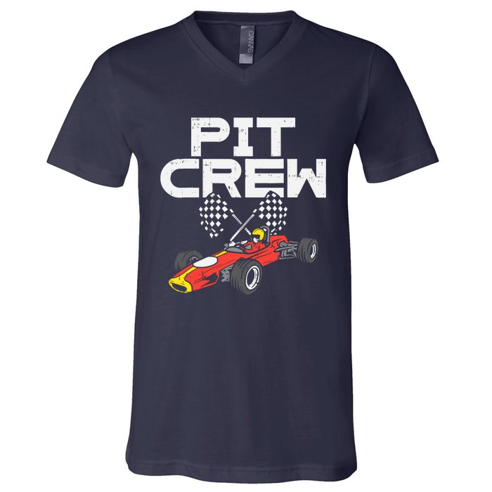 Pit Crew Checkered Flag Race Car Driver Racing Racer Gift V-Neck T-Shirt