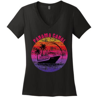 Panama Canal Cruise Retro Sunset Family Reunion Women's V-Neck T-Shirt