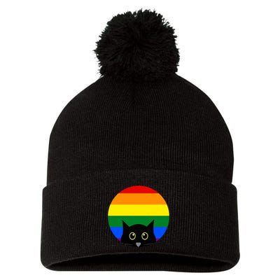 Peeking Cat Colorful Rainbow Pom Pom 12in Knit Beanie