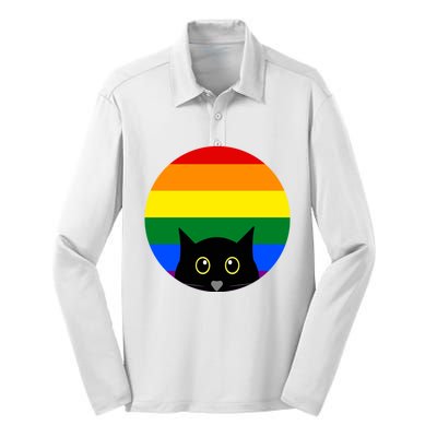 Peeking Cat Colorful Rainbow Silk Touch Performance Long Sleeve Polo