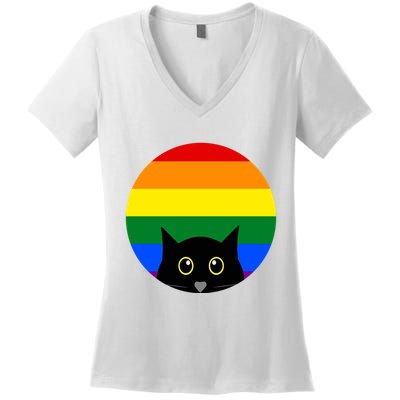 Peeking Cat Colorful Rainbow Women's V-Neck T-Shirt