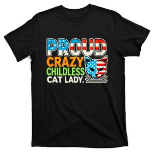 Proud Crazy Childless Cats Lady Cats Lover Usa Flag T-Shirt