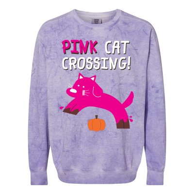 Pink Cat Crossing Pumskin Funny Halloween Gift Colorblast Crewneck Sweatshirt