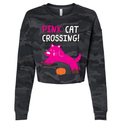 Pink Cat Crossing Pumskin Funny Halloween Gift Cropped Pullover Crew