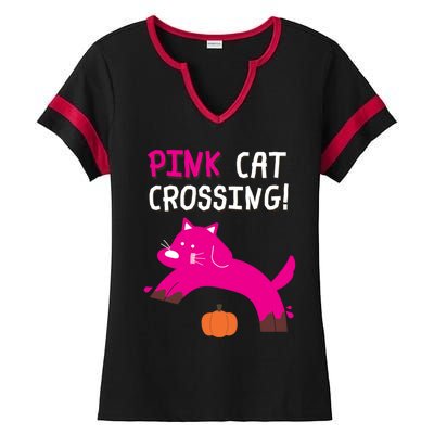 Pink Cat Crossing Pumskin Funny Halloween Gift Ladies Halftime Notch Neck Tee